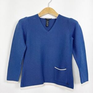 Olsen Classic Blue V-Neck Sweater Lightweight Cotton Blend Knit Pocket Size‎ XS